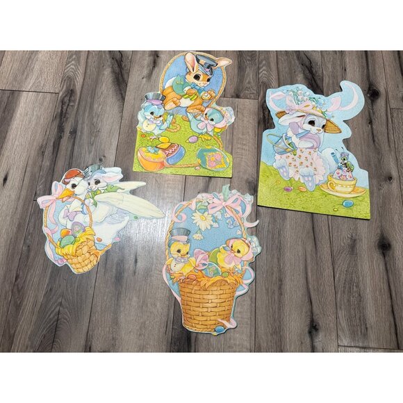 Vintage Easter Die-Cut Decorations Set Of 4 With Bunnies Chicks & Goose - Picture 2 of 7